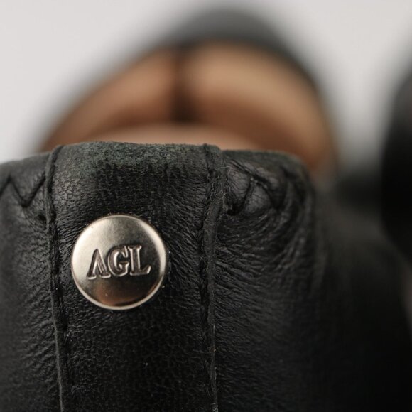 AGL Womens Pump Size 37 7 Black Leather Cap Toe Block Heel Elastic Trim Italy - Picture 7 of 12